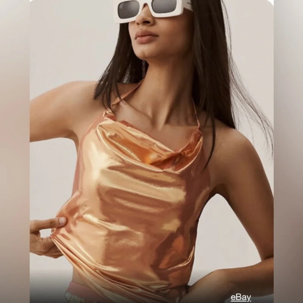 Anthropologie metallic cowl halter neck tank top 27137